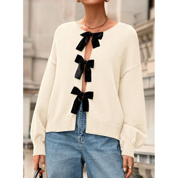 Women’s Knit Cardigan Sweater Long Sleeve Bow Tie Front Fall Winter Tops - Picture 2 of 8